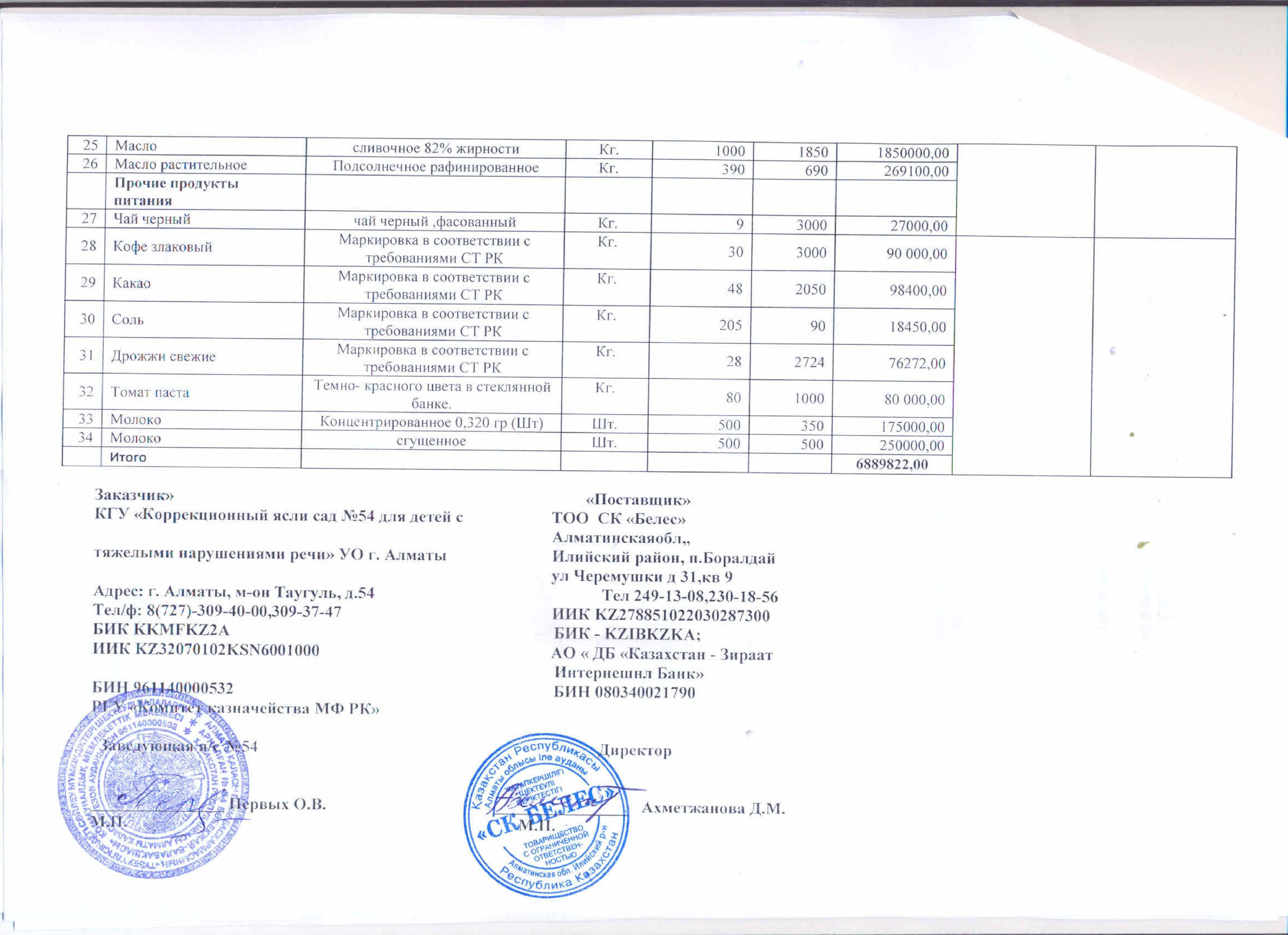 Договор с ТОО СК Белес продукты