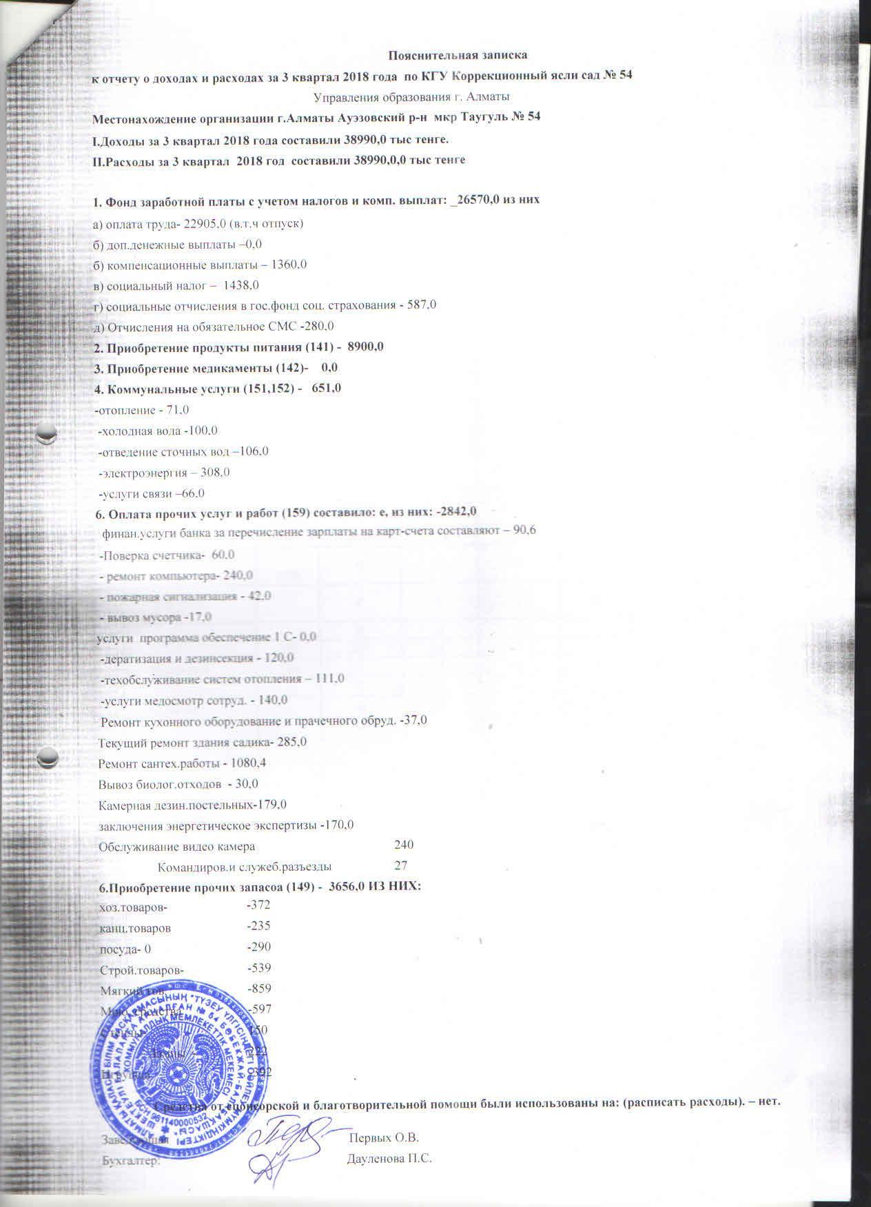 Отчёт о доходах и расходах 3-й квартал 2018 год.